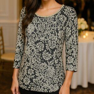 Leonora 3/4 Sleeve Blouse Trimmed with Large Rhinestone Pearl Neckline